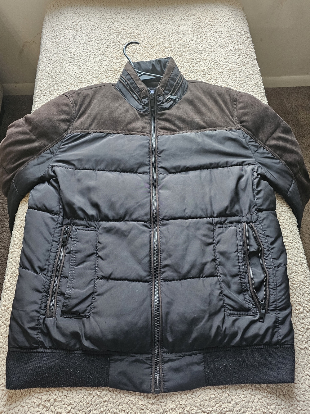 Zara Black Puffer Jacket with Brown Shoulder Panels